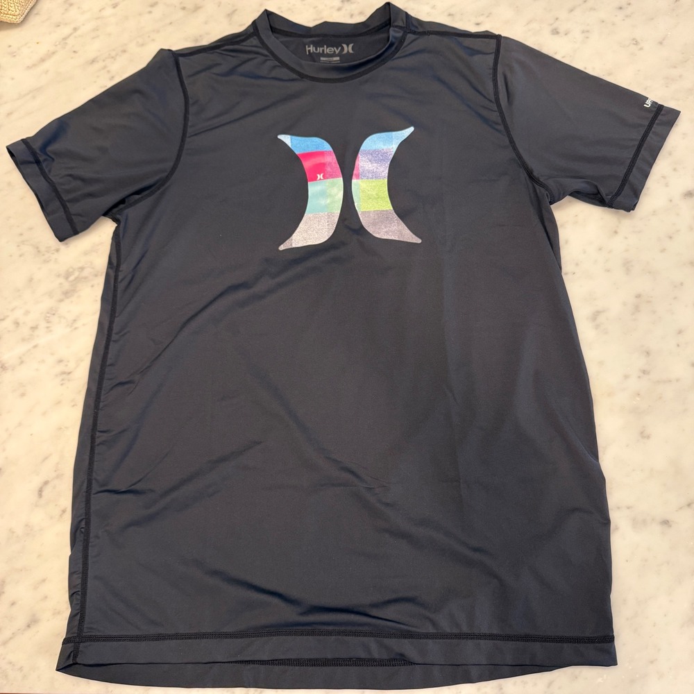 Hurley Mens Rash Guard Swim Shirt Black Graphic Logo UPF Short Sleeve Large